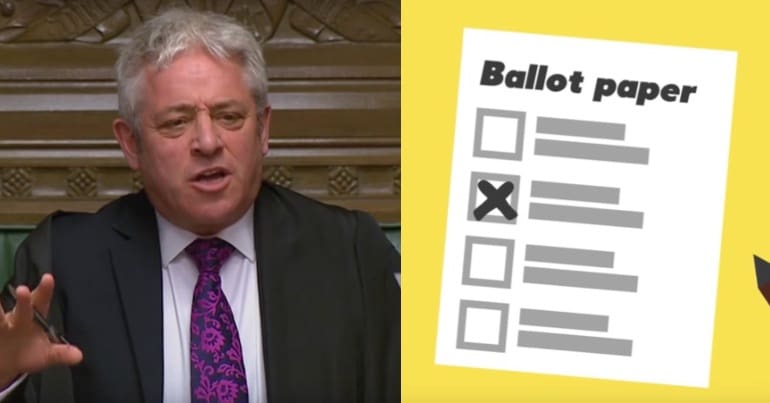 Speaker John Bercow next to a ballot paper