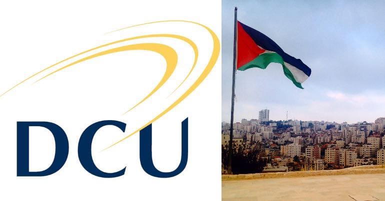 A picture of the DCU logo alongside a Palestinian flag.