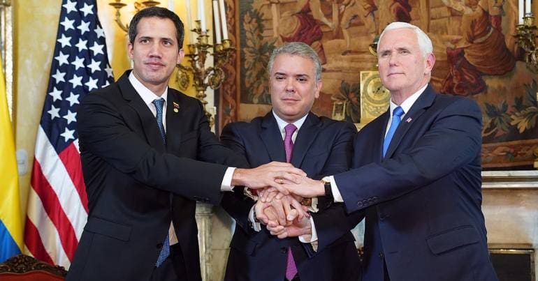 Venezuelan 'interim president' Juan Guaido, Colombian President Ivan Duque and US Vice President Mike Pence.