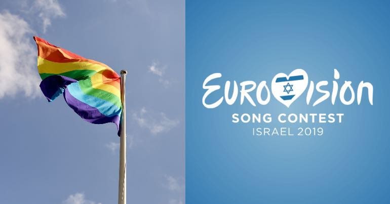 A photo of the LGBTQI+ flag alongside the logo for the Israeli Eurovision
