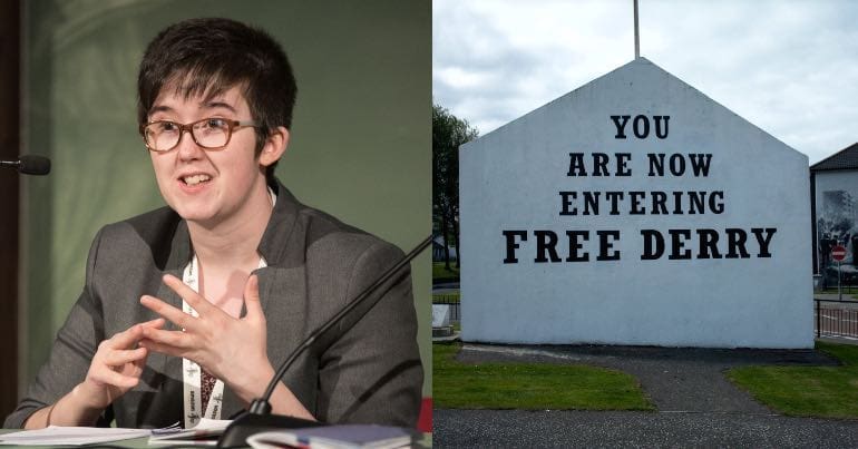 A picture of Lyra McKee along with a picture of the "Free Derry" mural in Derry.