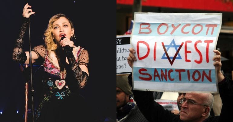 A picture of Madonna performing alongside a photo of a pro-BDS protestor.