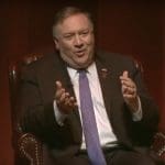 A photo of former CIA director Mike Pompeo during a Q&A session.