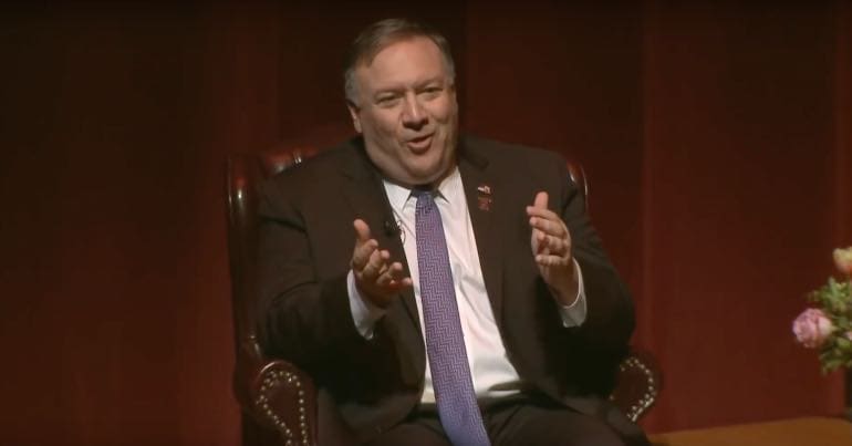 A photo of former CIA director Mike Pompeo during a Q&A session.