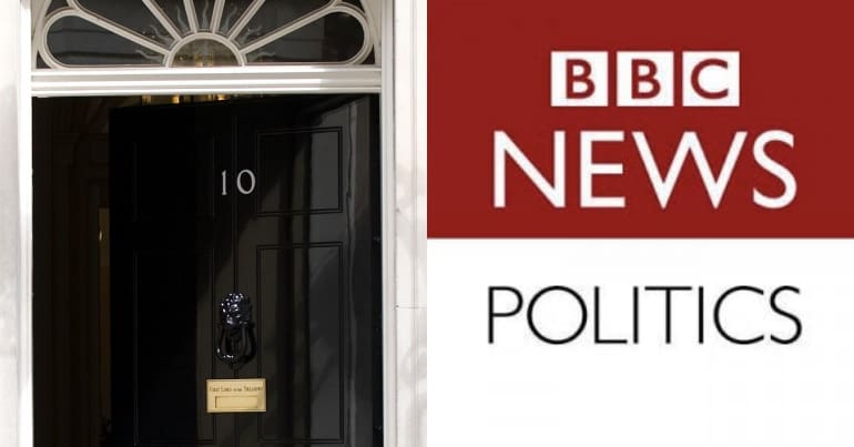 Door of No 10 Downing Street and BBC politics logo