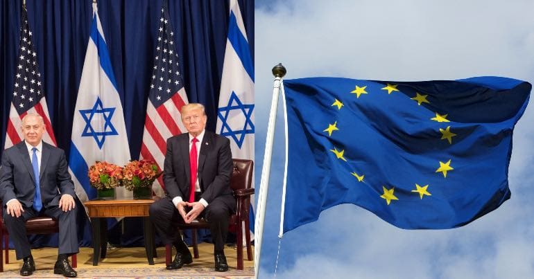 Photo of Donald Trump, Benjamin Netanyahu, and the EU Flag