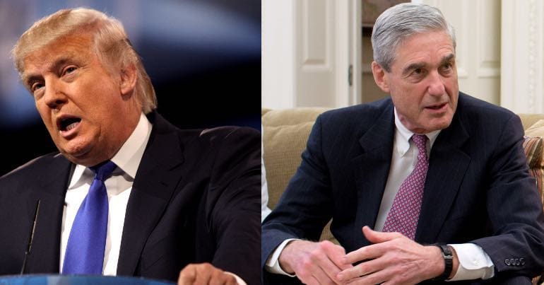 A picture of Donald Trump with a picture of Robert Mueller.