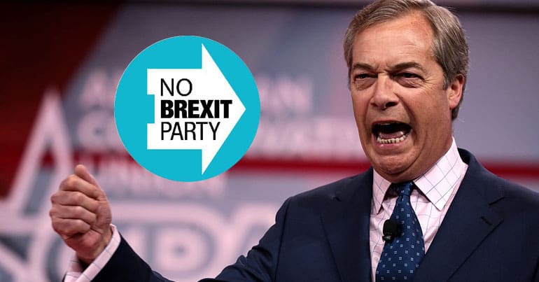 Nigel Farage and the 'No Brexit Party' logo