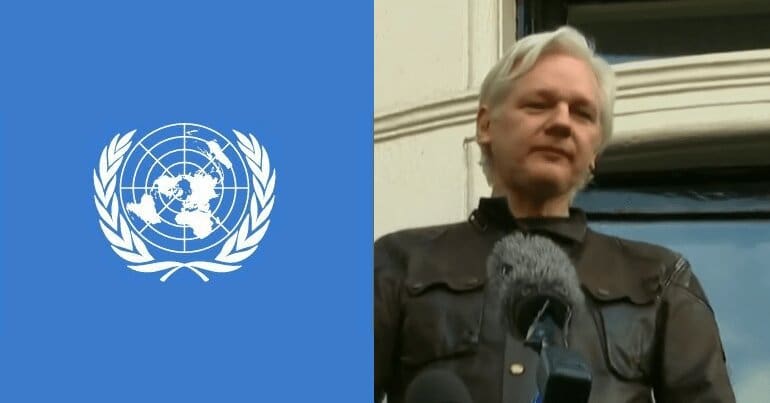 UN logo and Julian Assange
