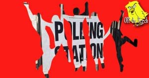 People leaping for joy with a polling station behind them