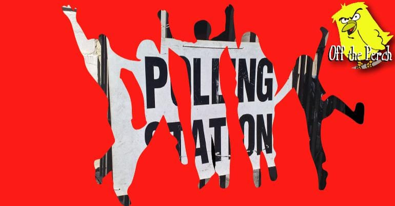 People leaping for joy with a polling station behind them