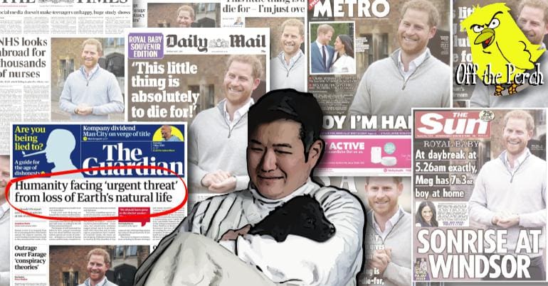 Man with puppy surrounded by news stories covering the royal baby but not a new climate report