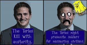 Image of Johnny Mercer smiling with the message 'Tories killing people with austerity'. Image of Johnny Mercer looking sad with the message 'The Tories might prosecute soldiers for massacring civilians'