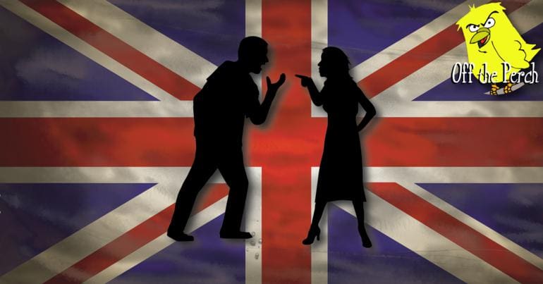 People arguing in front of a Union Jack