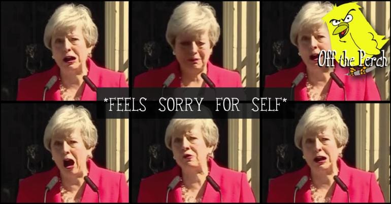 Images of May crying with the text 'FEELS SORRY FOR SELF' written over it
