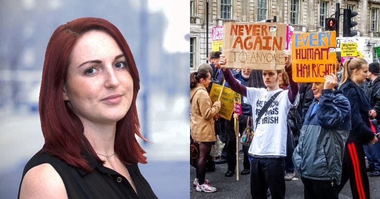 A photo of Adrienne Wallace and an anti-racism rally in Ireland