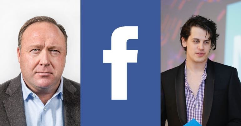 A photo of Alex Jones, the Facebook logo, and Milo Yiannopoulos