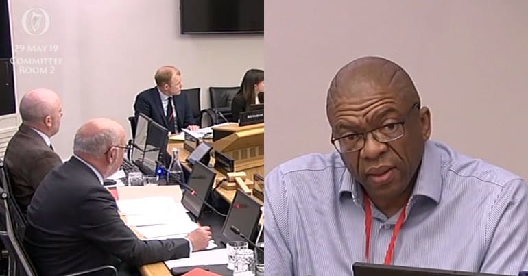 A photo of members of the Movement of Asylum Seekers in Ireland giving evidence in front of an Irish government committee