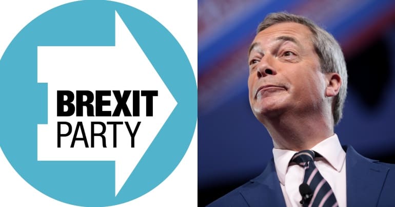 Brexit Party logo and Nigel Farage