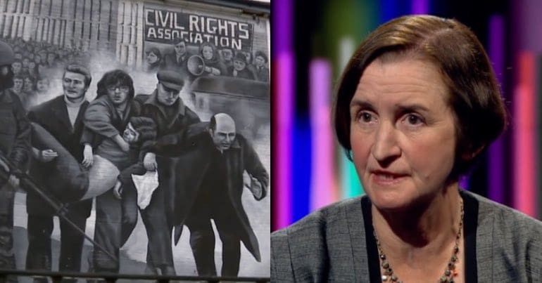 A mural depicting Bloody Sunday in Northern Ireland, with Labour shadow defence secretary, Mia Griffith, pictures alongside