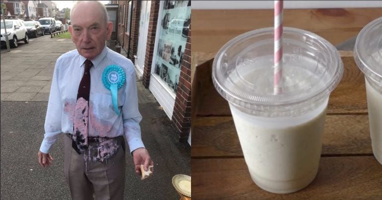 A Brexit Party activist supposedly covered in milkshake outside a polling station. Also pictured two milkshakes