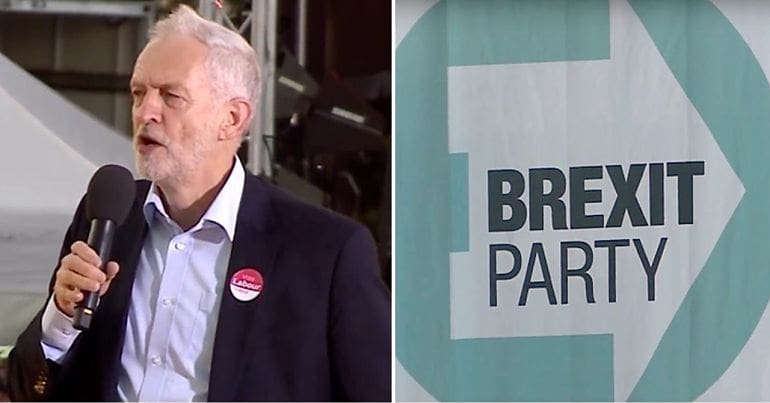 Jeremy Corbyn pictured next to the Brexit Party logo