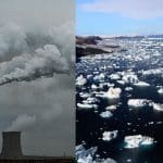 A photo of a power station emitting smoke alongside a photo of melted icebergs.