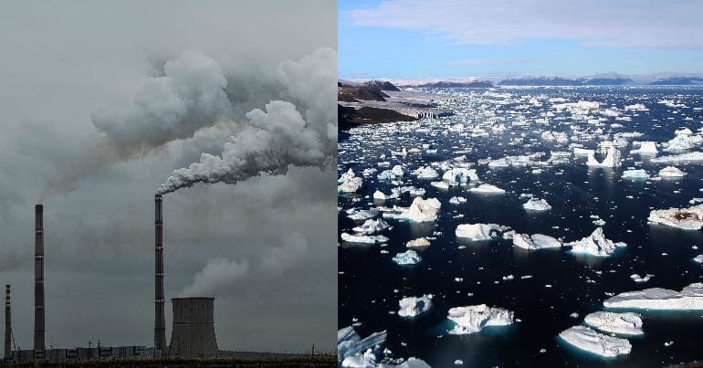 A photo of a power station emitting smoke alongside a photo of melted icebergs.
