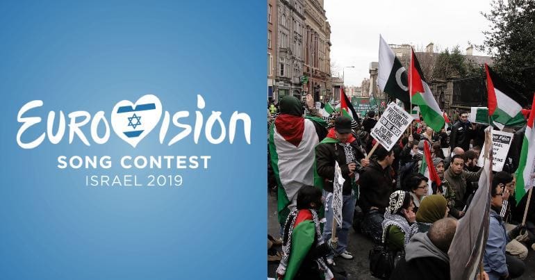 An image of the the Israeli Eurovision logo alongside a photo of a pro-Palestine demonstration in Dublin.