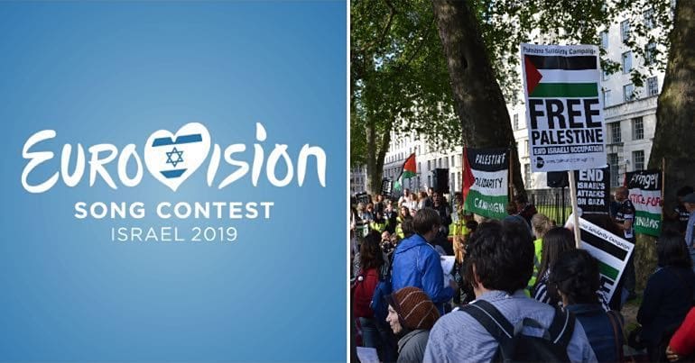 A photo of the Eurovision 2019 logo alongside a pro-Palestine demonstration