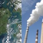 A photo of Ireland from space alongside a photo of a power plant's smoke stacks