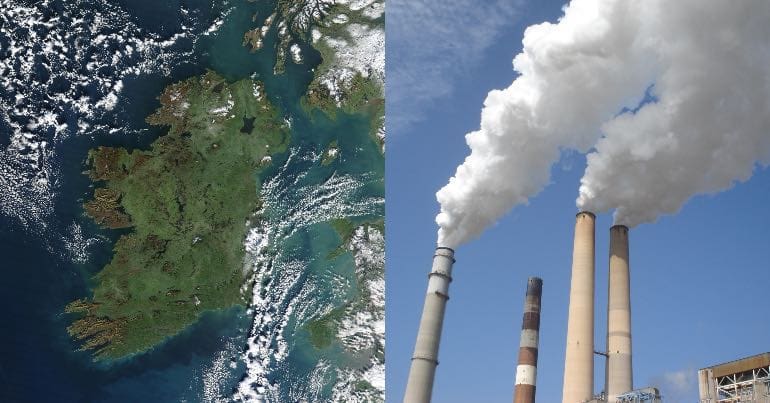 A photo of Ireland from space alongside a photo of a power plant's smoke stacks