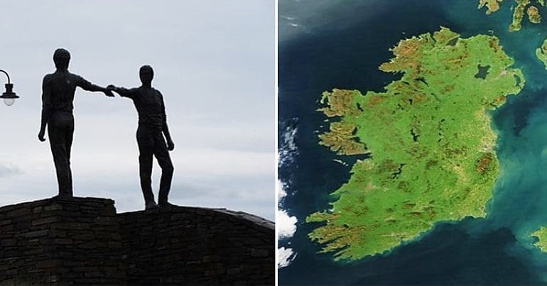 Peace statue in Derry and a satellite image of all Ireland