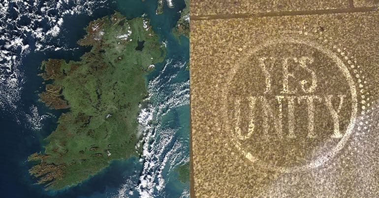 A photo of Ireland from space alongside a photo of the word "Unity" spray-painted on to a footpath.