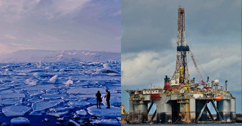 A photo of melting ice sheets alongside a photo of an oil rig.
