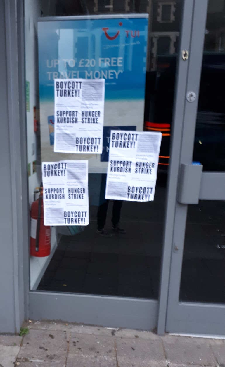 TUI in roath plastered with boycott Turkey posters
