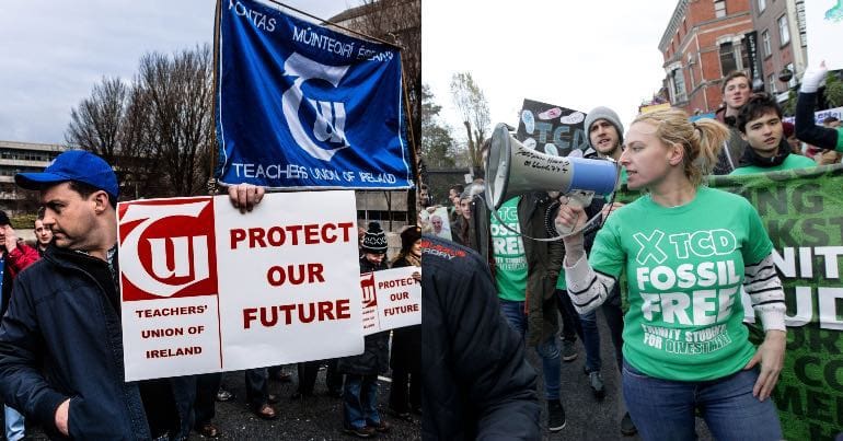 A photo of TUI members protesting and a photo of protestors calling for Trinity College Dublin to divestment from climate damaging industries.