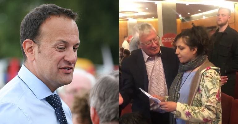 A photo of Irish prime minister Leo Varadkar and a photo of one of the CYM protestors