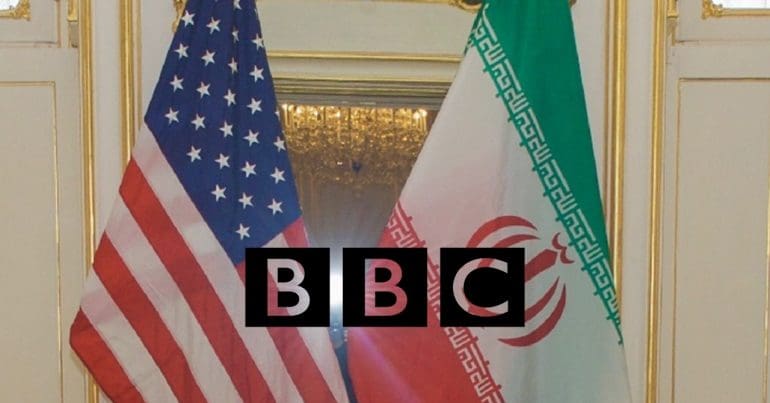 Iran and USA flag; BBC logo