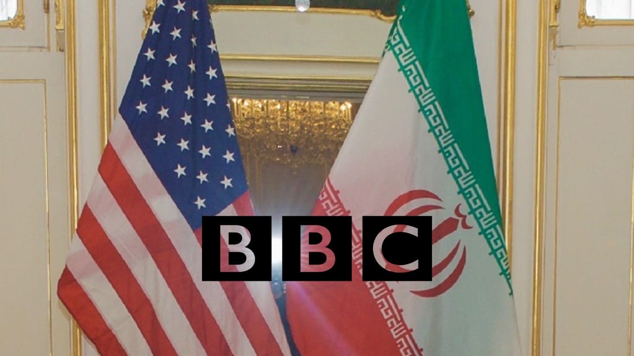 Iran and USA flag; BBC logo