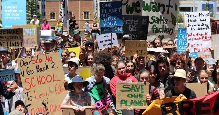 School climate strike, children with banners