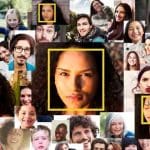 Montage of faces simulating Amazon's facial recognition software