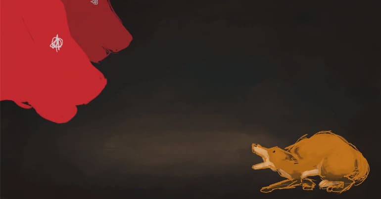 Hunting hounds stare down at a terrified fox