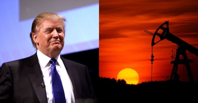 Donald Trump and Sun setting behind an oil rig