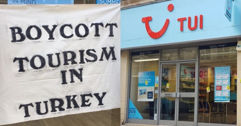 Boycott Tourism in Turkey banner and TUI shop