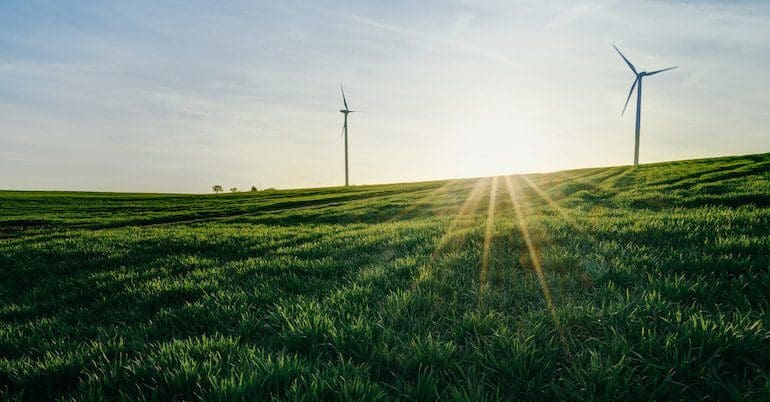 Wind turbines in green fields