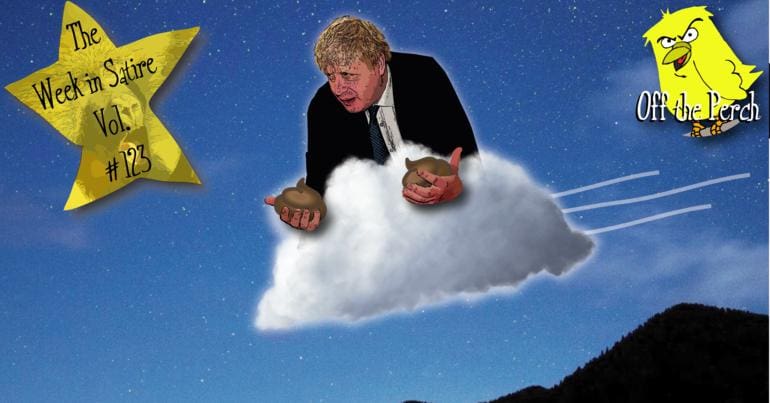 Boris Johnson in a cloud holding a turd in each hand