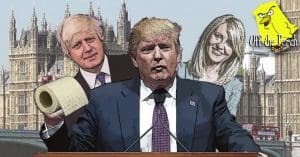 Trump holding toilet rolle with Boris Johnson and Esther McVey behind him