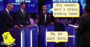 Image from the Tory leadership debate. Sajid Javid says: "Tory members want a serious, grownup leader." Someone in the audience says: "No, we want Boris."