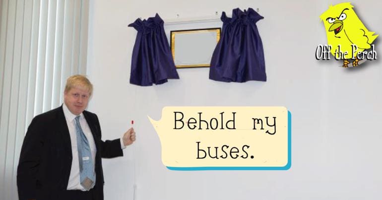 Boris Johnson unveiling an image of nothing while saying 'Behold my buses'